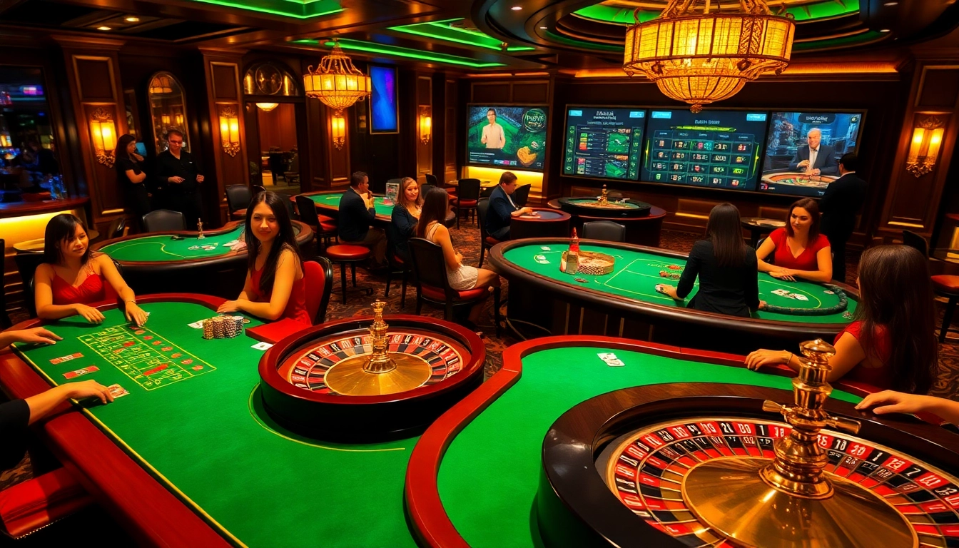 SAY88 casino scene with elegant gaming tables, colorful chips, and excited players.