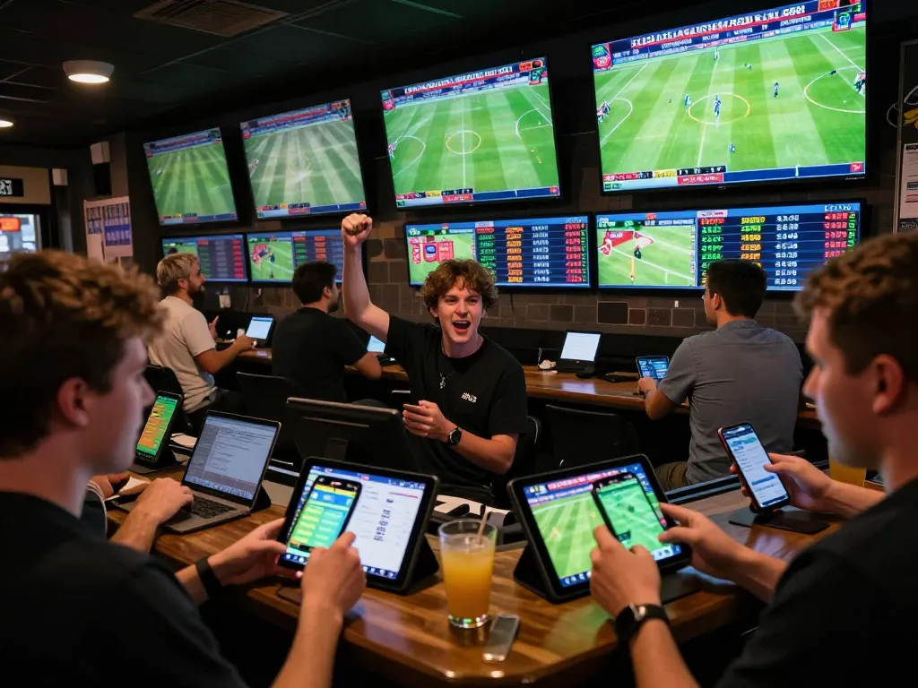 Xoilac users passionately betting on live football matches, using mobile apps in a lively sports bar.