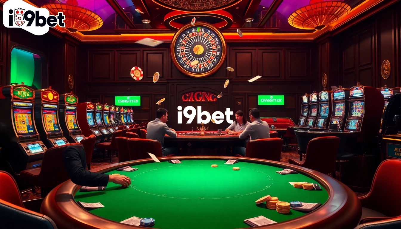 i9bet slot machines and poker tables creating an exciting casino atmosphere.