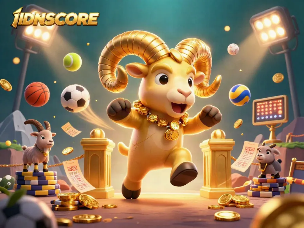 IDNSCORE sports betting scene featuring a golden ram charging through coins and sports elements.