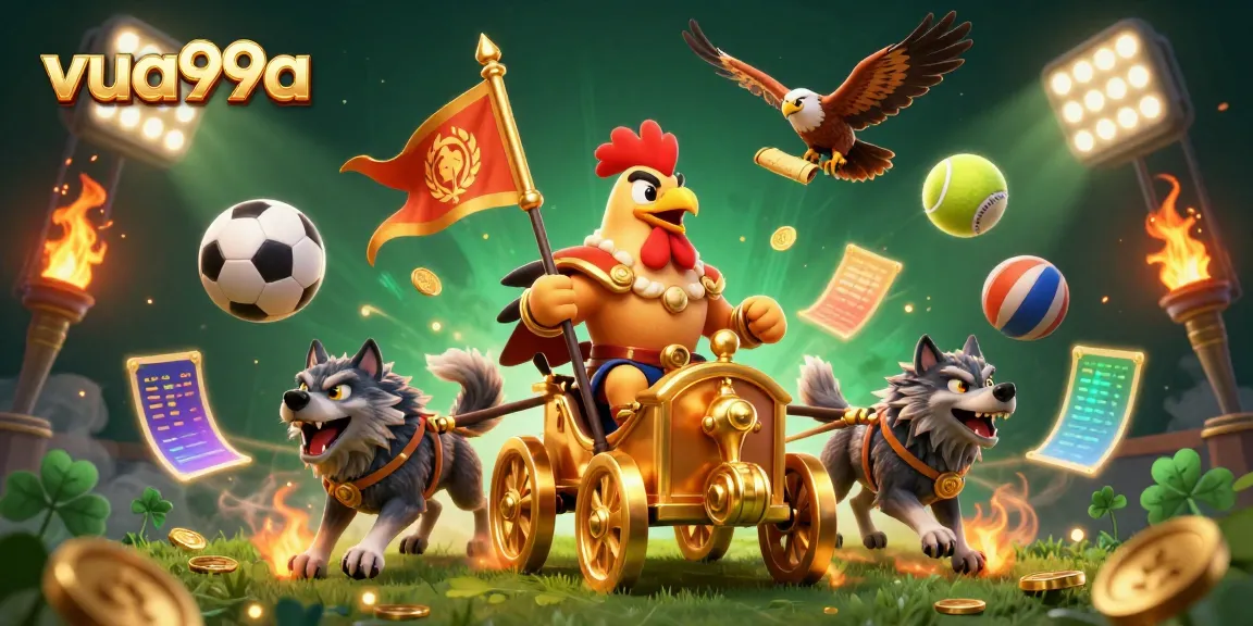 Experience thrilling gaming action at vua99a with a dynamic illustration featuring a rooster warlord and sports elements.