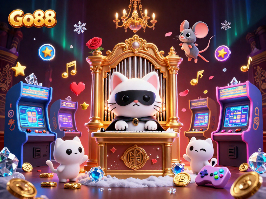 Engage with Go88's vibrant casino experience featuring games and characters in a lively 3D illustration.