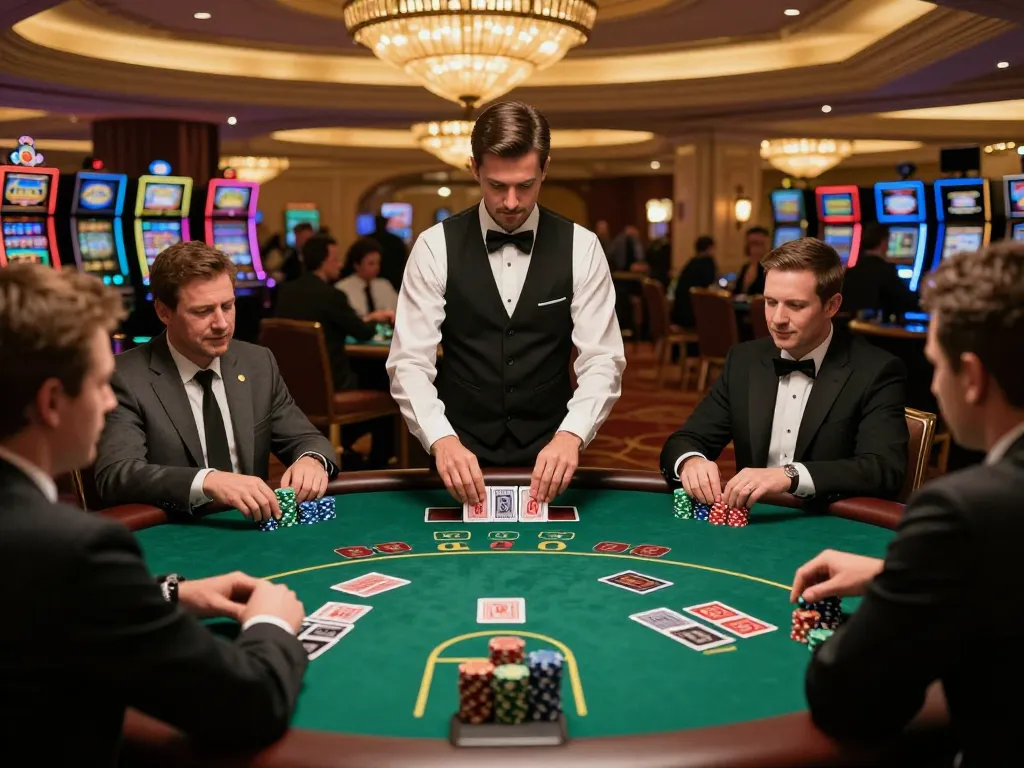Players engaging at a blackjack table in a luxurious casino setting, showcasing VA88 gaming atmosphere