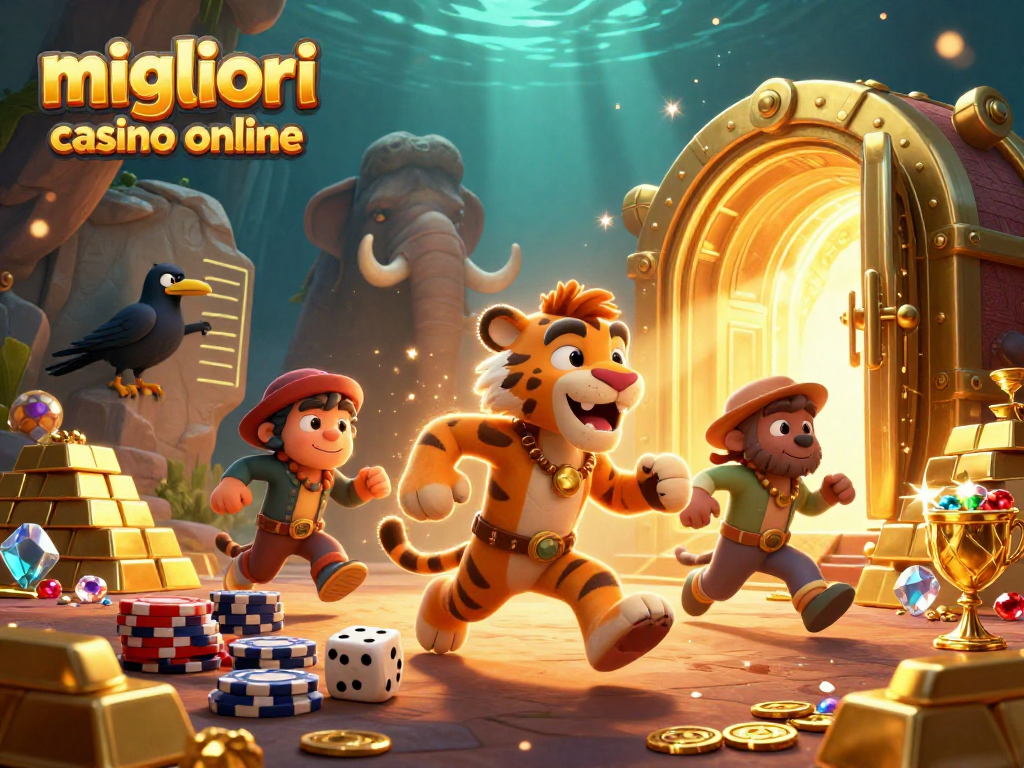 Migliori casino online in un'illustrazione vivace con personaggi divertenti e ricchezze scintillanti.
