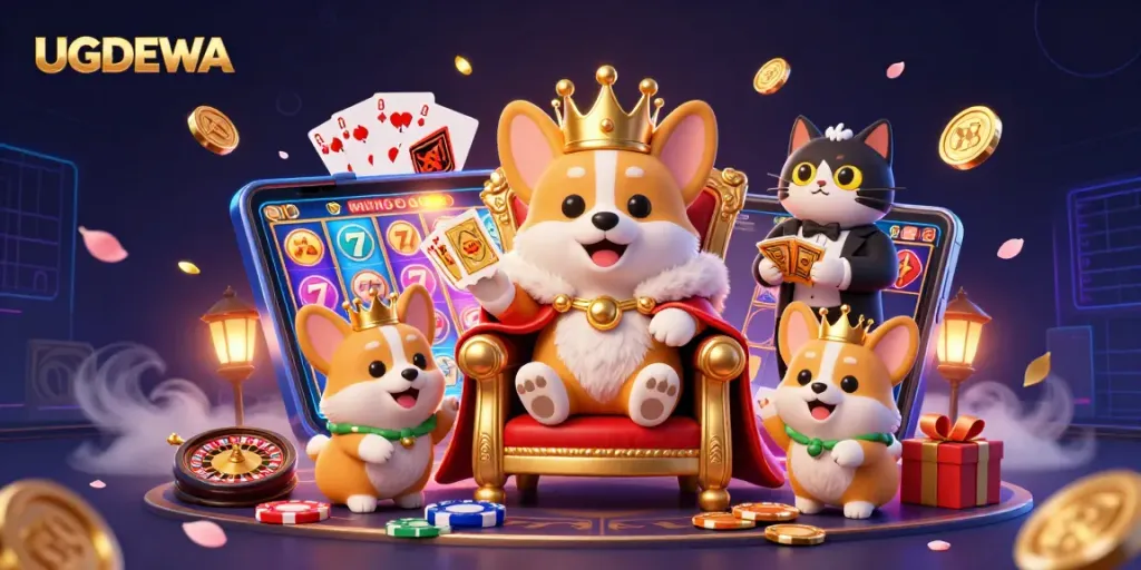UGDEWA players enjoying a vibrant 3D casino scene with royal corgi on a throne surrounded by gambling elements.
