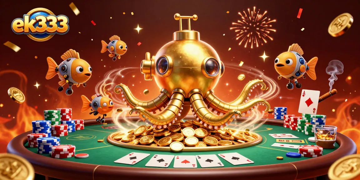 Engage in thrilling poker action with ek333 as a golden kraken submarine emerges from coins.