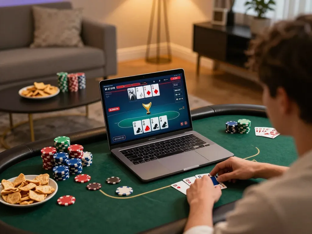 Play poker online at 壹發娛樂 with friends in a vibrant home gaming setup, showcasing strategic gameplay.