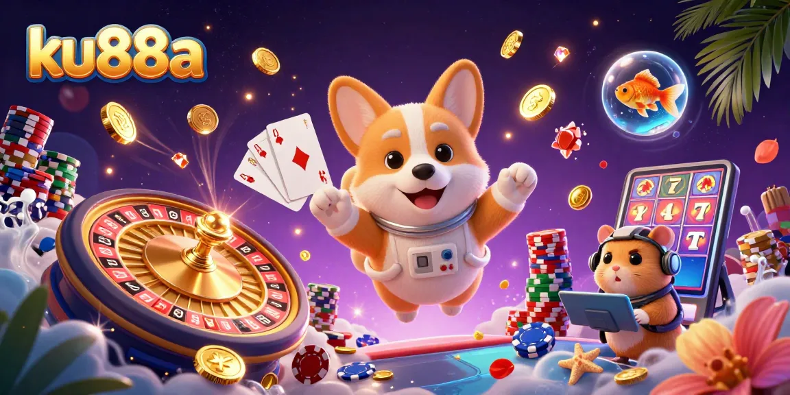 ku88a promotes exciting gaming with a floating corgi and vibrant casino elements in space.