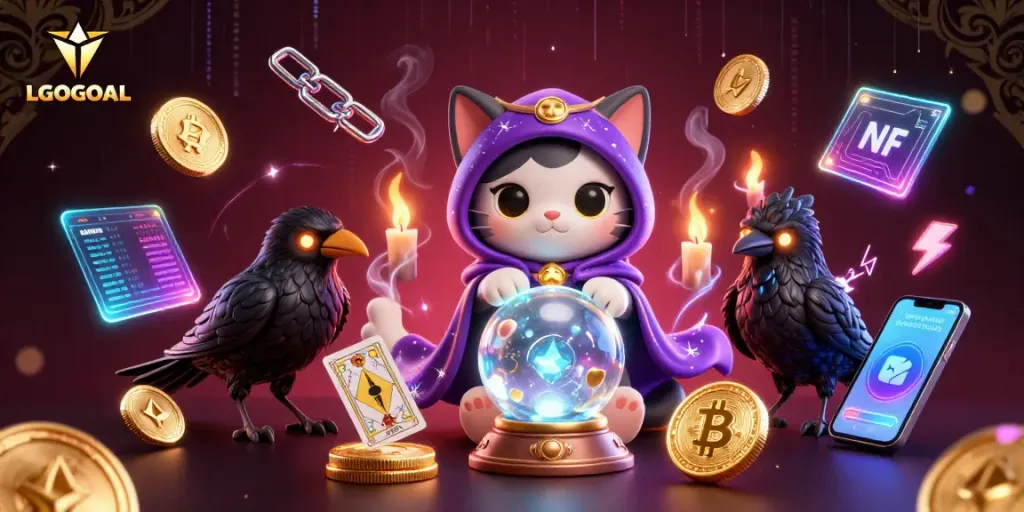 Play and win with LGOGOAL in this vibrant, dynamic 3D casino illustration featuring mystic characters and crypto elements.