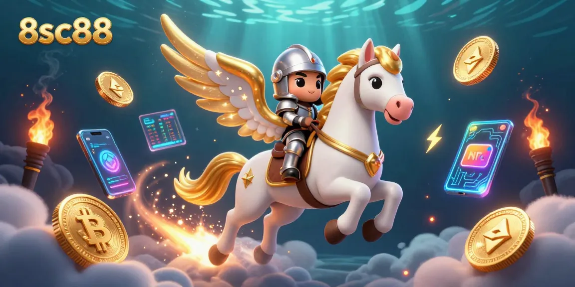 Experience thrilling gaming action at 8sc88 with a dynamic 3D illustration showcasing celestial characters and vibrant crypto elements.