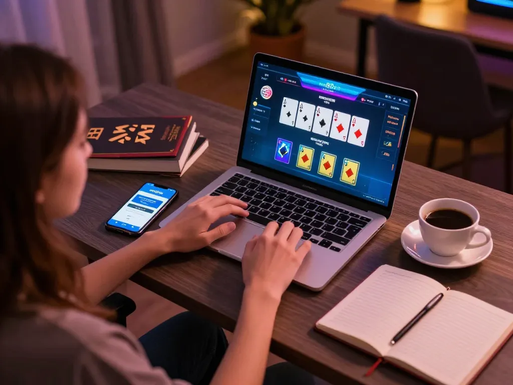 Engaging online gaming experience with rokok88 login on laptop screen and strategic tools nearby
