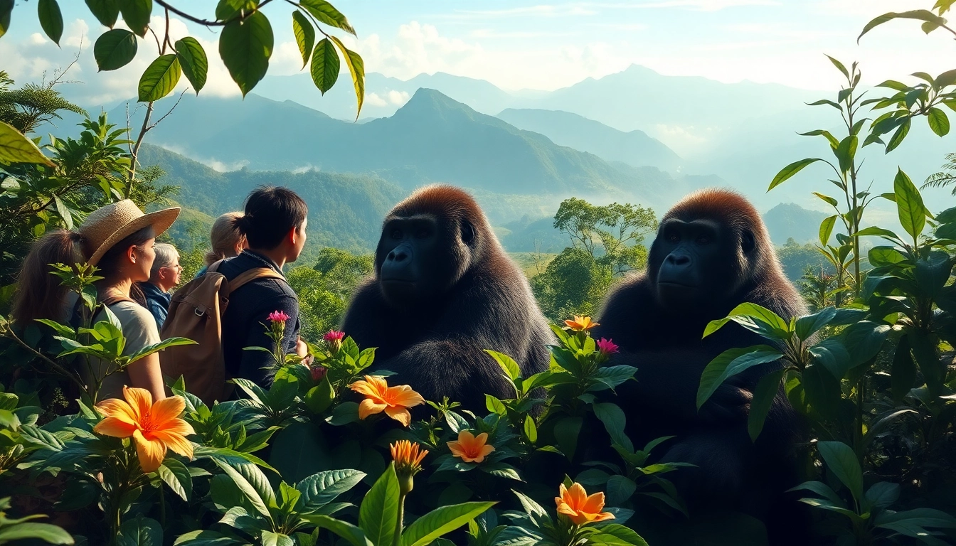 Experience gorilla trekking and Tanzania safari with explorers captivated by majestic gorillas in a lush jungle.