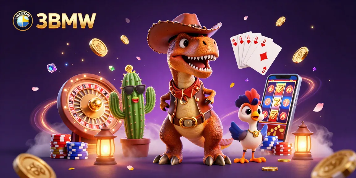 Engage with thrilling gaming adventures at 33BMW, featuring a vibrant T-Rex cowboy and exciting casino elements.