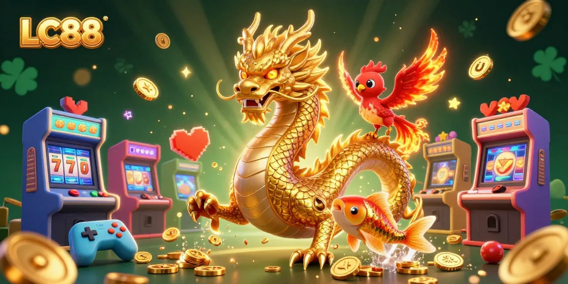 Win big at LC88 with thrilling games, a fierce dragon, and a lucky koi fish in this vibrant casino scene.