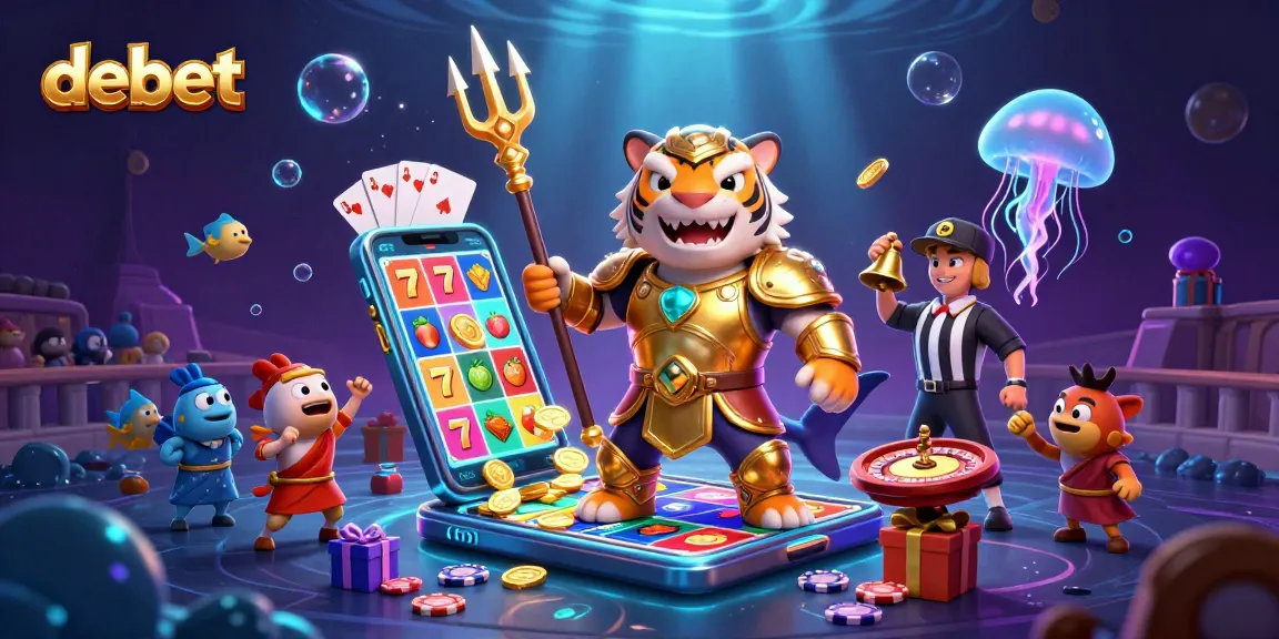 Experience the thrilling world of debet with a vibrant underwater casino scene featuring a gladiator tiger shark.