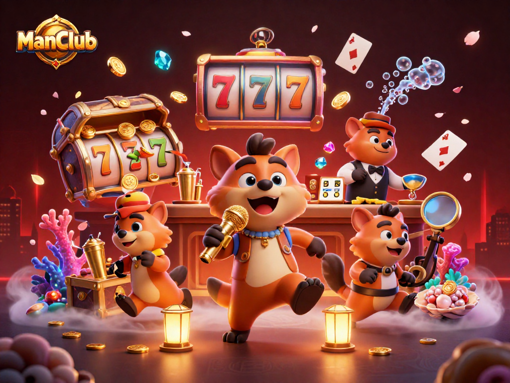 ManClub hyenas run a lively casino club with games and humor, showcasing vibrant gaming elements.