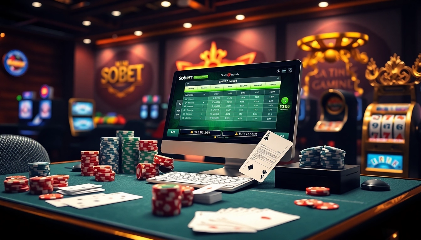 Sbobet link alternatif displayed on a luxurious online gambling interface with poker chips and digital betting elements.