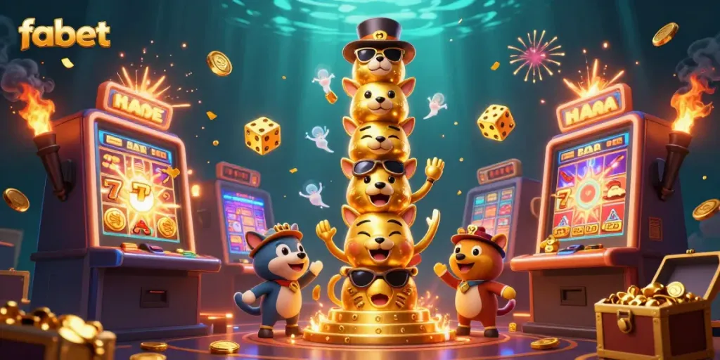 Engage with fabet's dynamic casino scene featuring golden totem, slot machines, and vibrant game elements.