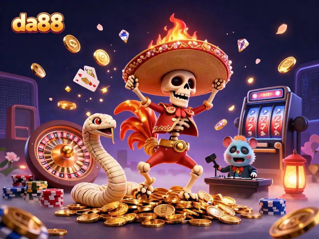Experience da88's thrilling gaming atmosphere with festive characters and vibrant casino elements.