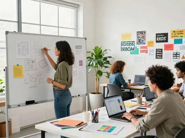 Collaborative design studio for rokok88 featuring diverse designers engaged in creative projects.