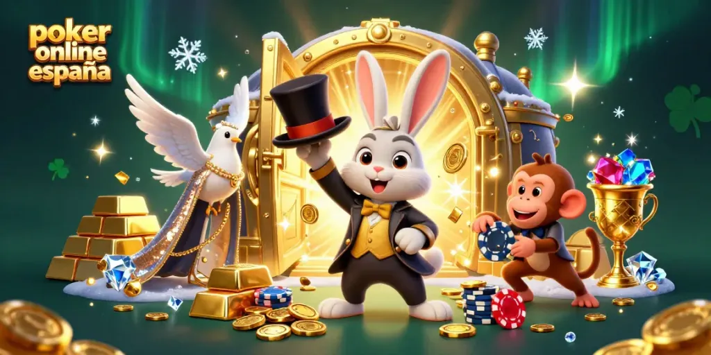 Disfruta del póker online España con una emocionante escena de un conejo, paloma y mono en un casino mágico.
