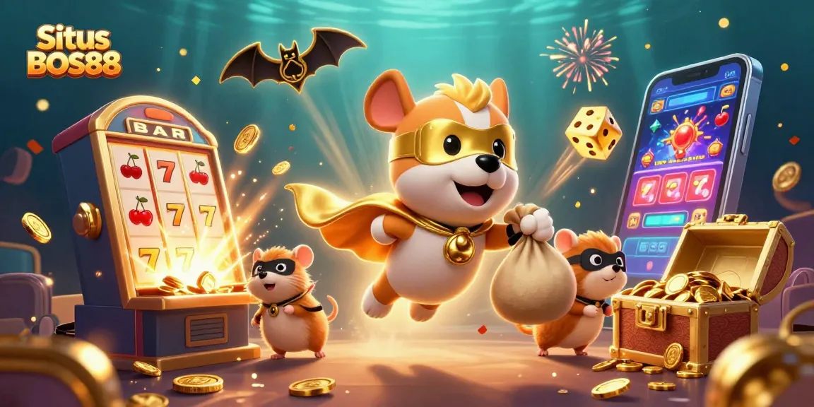 Menghadirkan Situs BOS88, anjing pahlawan terbang membawa koin emas di tengah mesin slot 3D yang meledak penuh koin dan simbol keberuntungan.