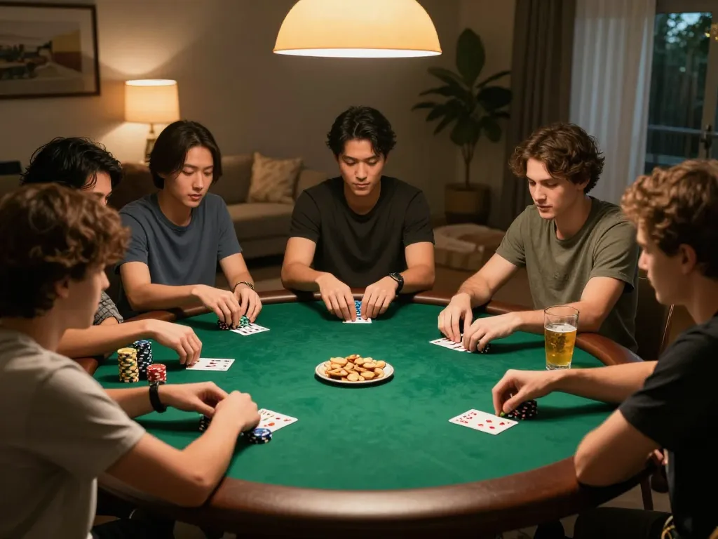SC88 poker night setup with players analyzing cards and chips in a cozy home.