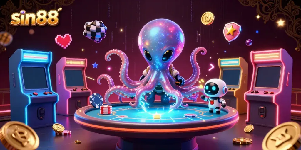 Experience sin88's vibrant casino thrills with a fun 3D alien octopus and colorful poker elements!