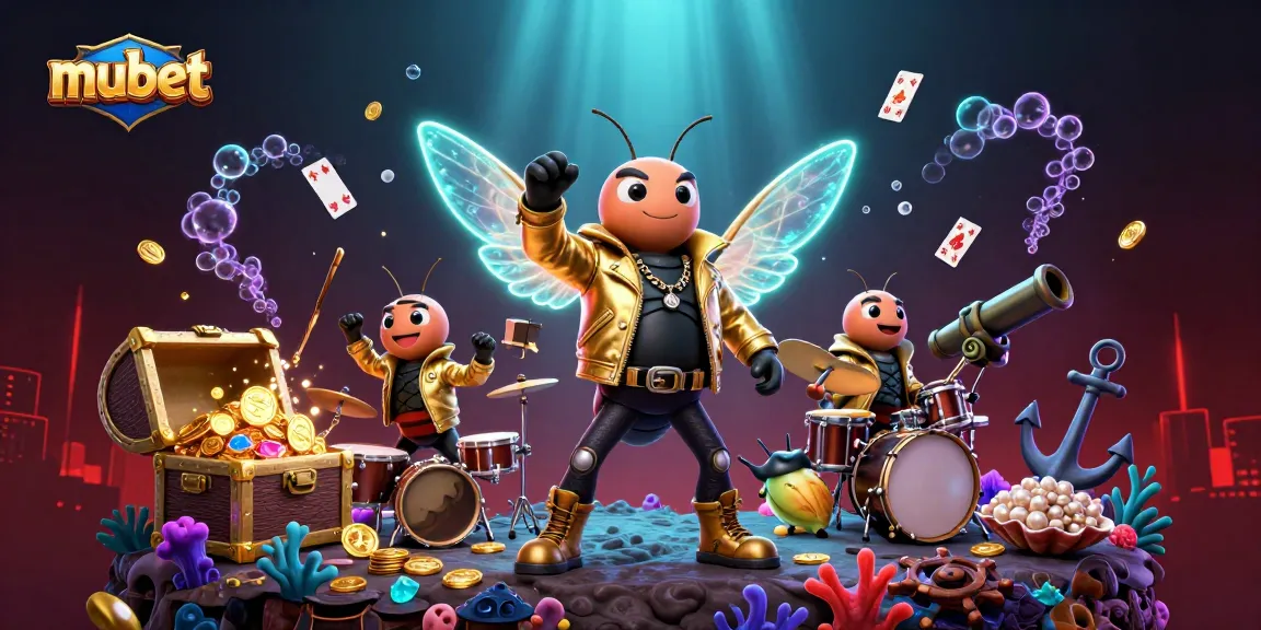 Experience the thrill of mubet with a vibrant casino scene featuring animated rock star characters and a treasure explosion.