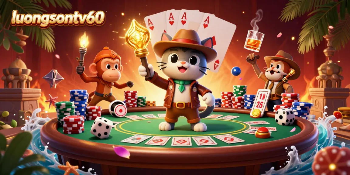 Action-packed scene from luongsontv60 featuring a cat archaeologist and monkey in a casino-themed adventure.