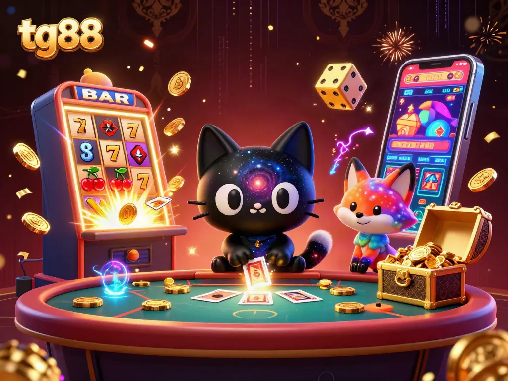 Play tg88 and enjoy winning at a cosmic casino table with vibrant slot machines and lively characters.