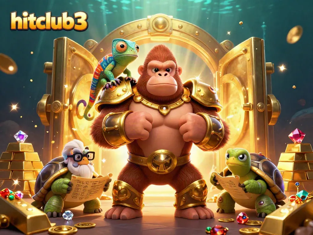 Hitclub3's dynamic casino scene features a powerful gorilla in armor, surrounded by treasure and 3D elements.