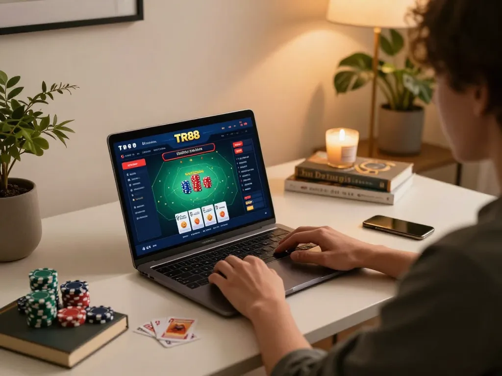 Player engaged in strategic gameplay on TR88 online casino interface, showcasing a stylish home setup