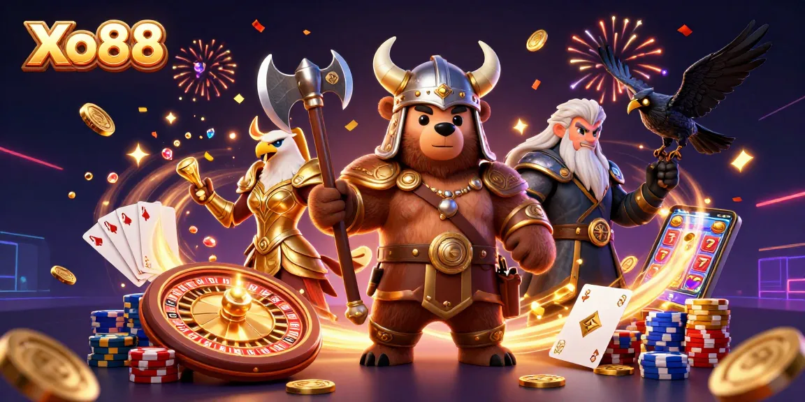 Xo88 features exciting Viking-themed casino elements with a dynamic 3D illustration showcasing lively characters and game components.