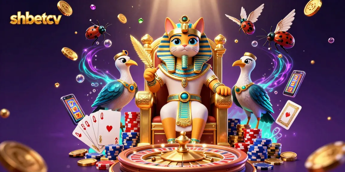 Join the excitement at shbetcv as golden coins and sparkling gems fly around a pharaoh cat in a vibrant casino scene.