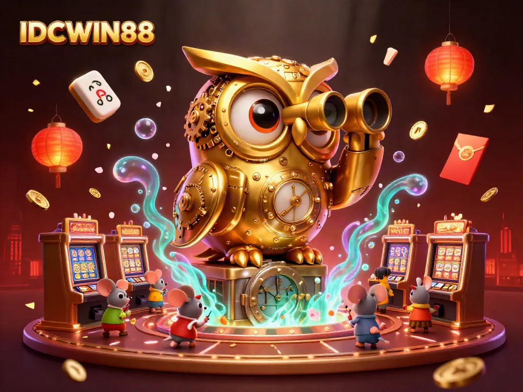Experience the excitement of IDCWIN88 with a vibrant casino scene featuring a clockwork owl and whimsical elements.