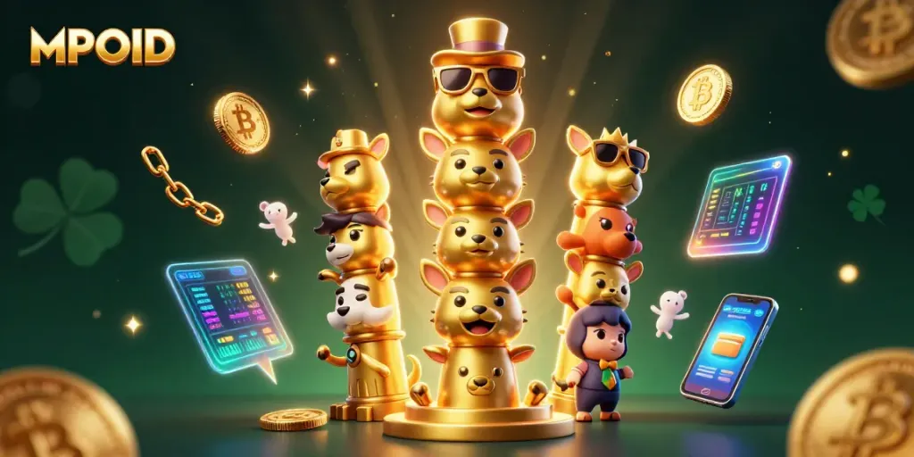 Engage with MPOID's immersive 3D environment showcasing vibrant casino elements and crypto themes.