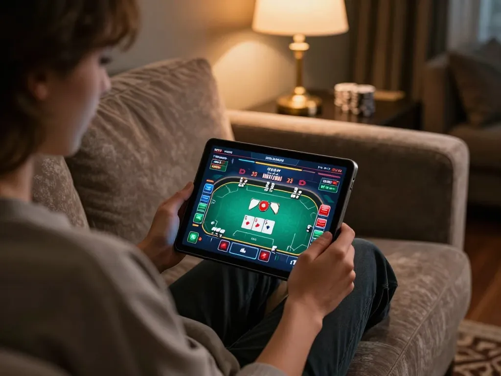 Engaged user plays poker on cm88 with tablet in comfortable home setting, emphasizing responsible gaming