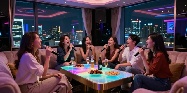 강남 달토의 고급스러운 카라오케 룸에서 친구들이 즐거운 시간을 보내는 모습
