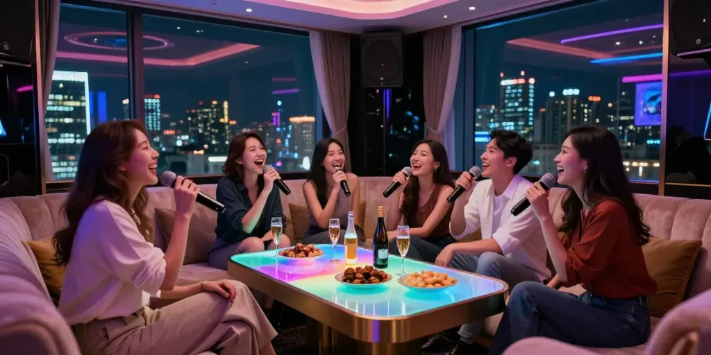 강남 달토의 고급스러운 카라오케 룸에서 친구들이 즐거운 시간을 보내는 모습