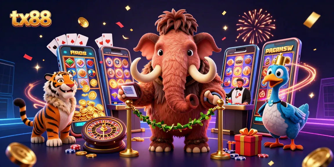 Engage with the vibrant tx88 casino scene featuring lively characters and dynamic gaming elements.