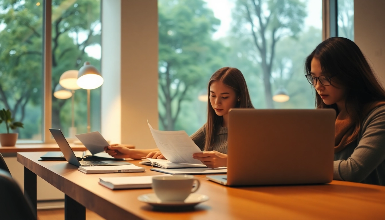 Engaged TOEFL test takers for hire reviewing materials at a modern desk with warm lighting.