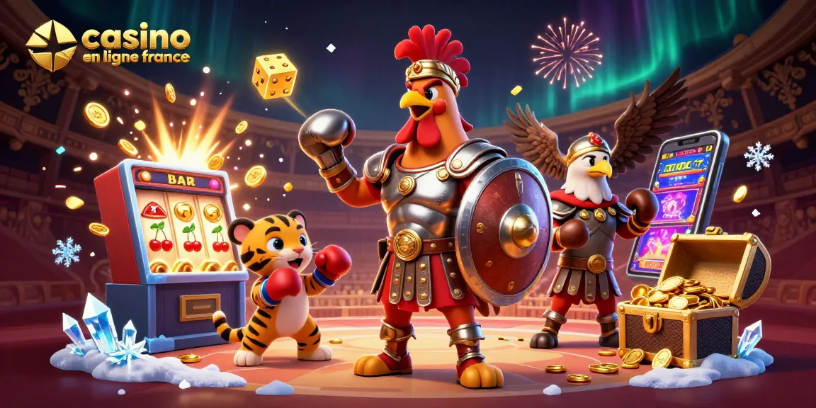 Illustration dynamique de casino en ligne France avec un coq gladiateur et un tigre. L'expérience ludique s'anime.