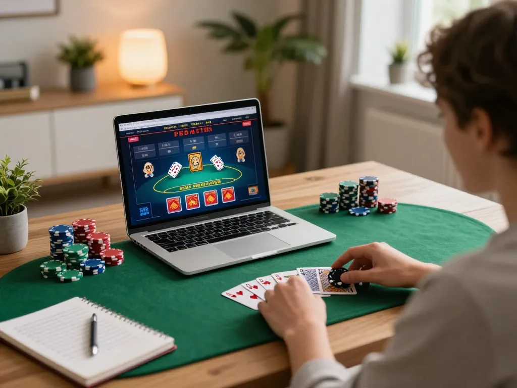 Player enjoying a live dealer game with rokok88 at home, showcasing strategic gameplay and personal comfort.