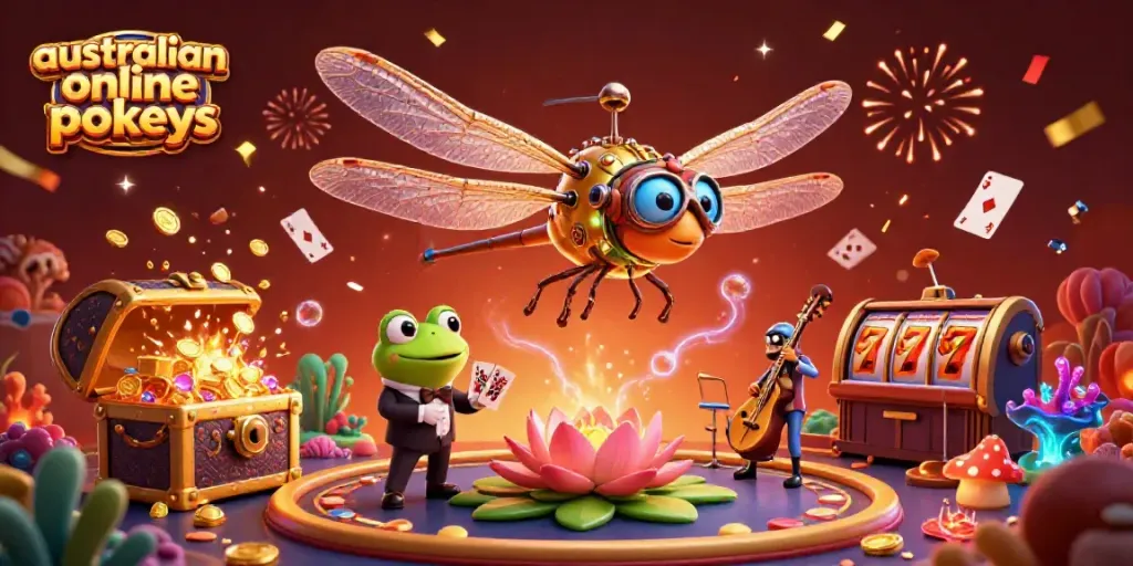 Experience the thrill of australian online pokies with a dynamic 3D illustration featuring a dragonfly pilot and a frog croupier.
