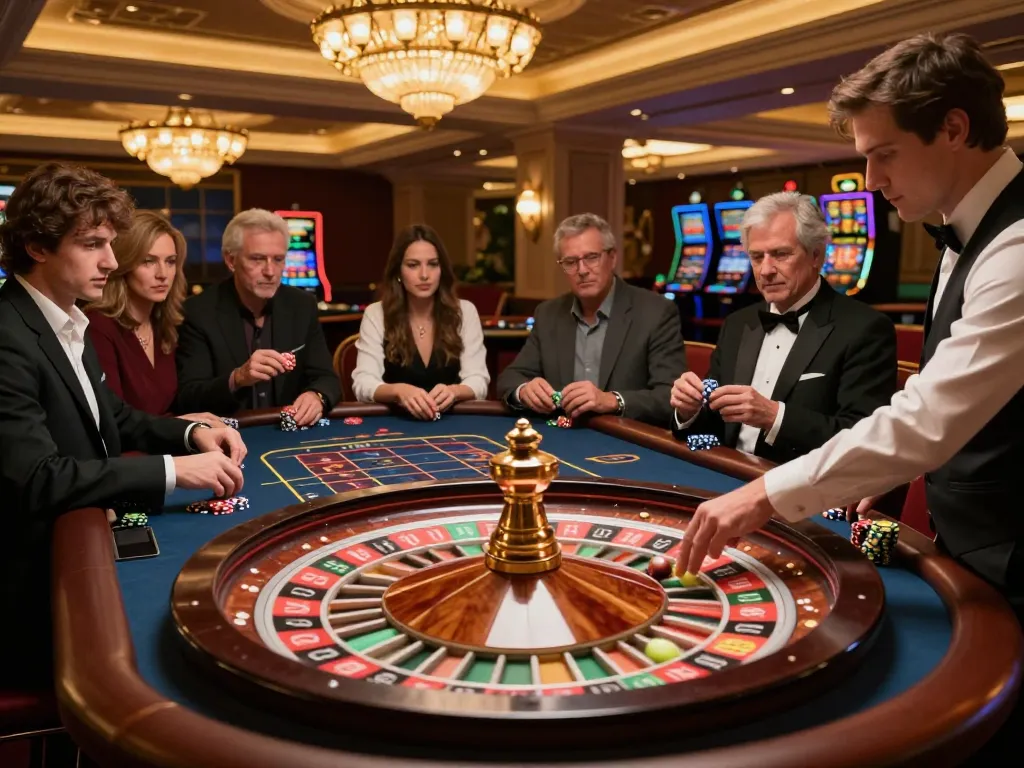 Players at fly88 com enjoying an exciting roulette game in a luxurious casino atmosphere.