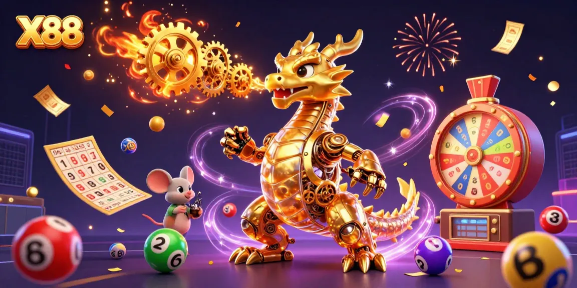 X88 delivers thrilling lottery excitement with colorful elements and a golden dragon backdrop.