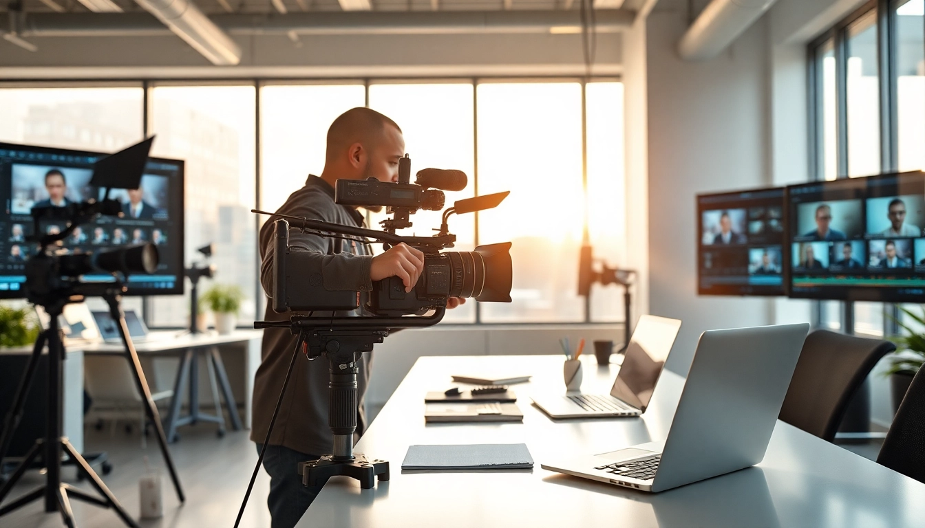 Creating engaging training videos with a videographer in a modern office.