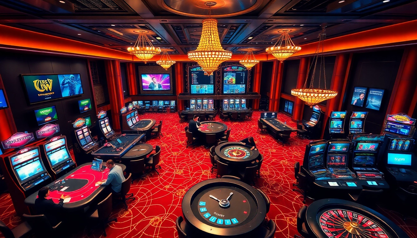 Players enjoying poker and slot machines at 789club casino, highlighting excitement and luxury.
