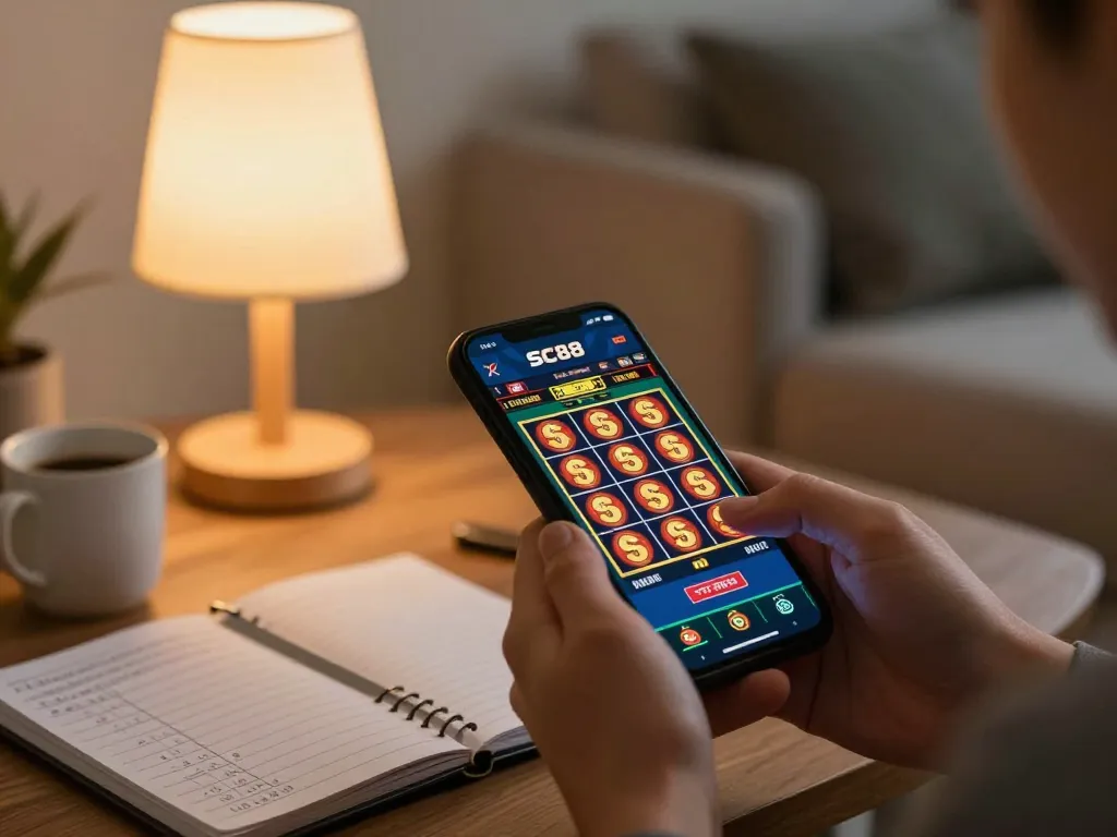 Player using the SC88 app on their smartphone to place a bet on a slot machine in a cozy home.